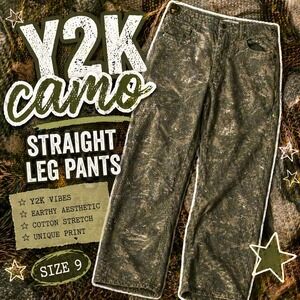 Y2K Camp Print Straight Leg Women's Pants Size 9, Grunge/Outdoor Aesthetic